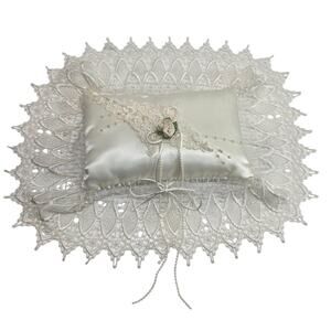 Ivory Satin & Embroidered Lace Wedding Ringbearer Pillow, Flower, Bead Work